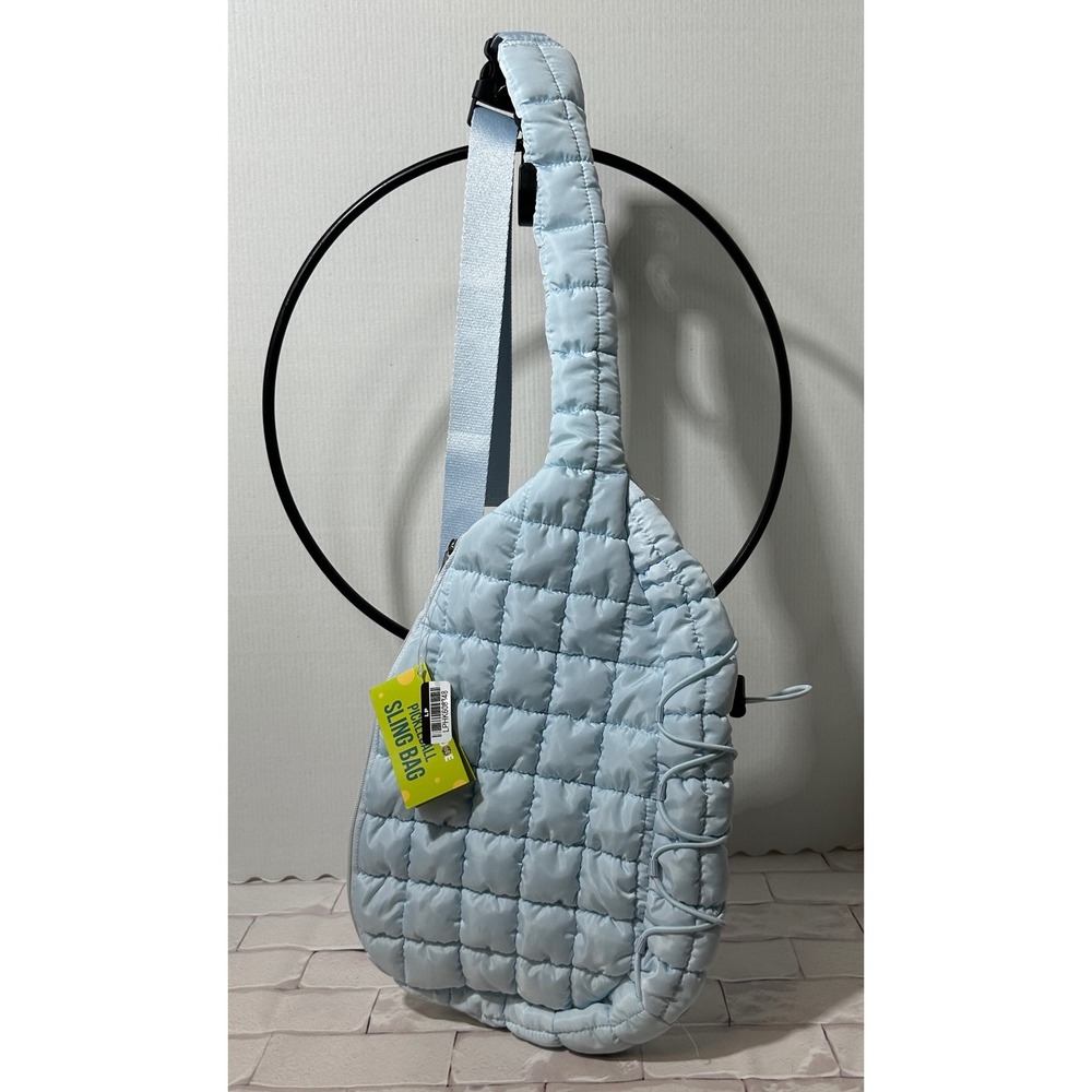 Quilted Pickleball Sling Bag Light Blue Puffer Pouch Adjustable Strap